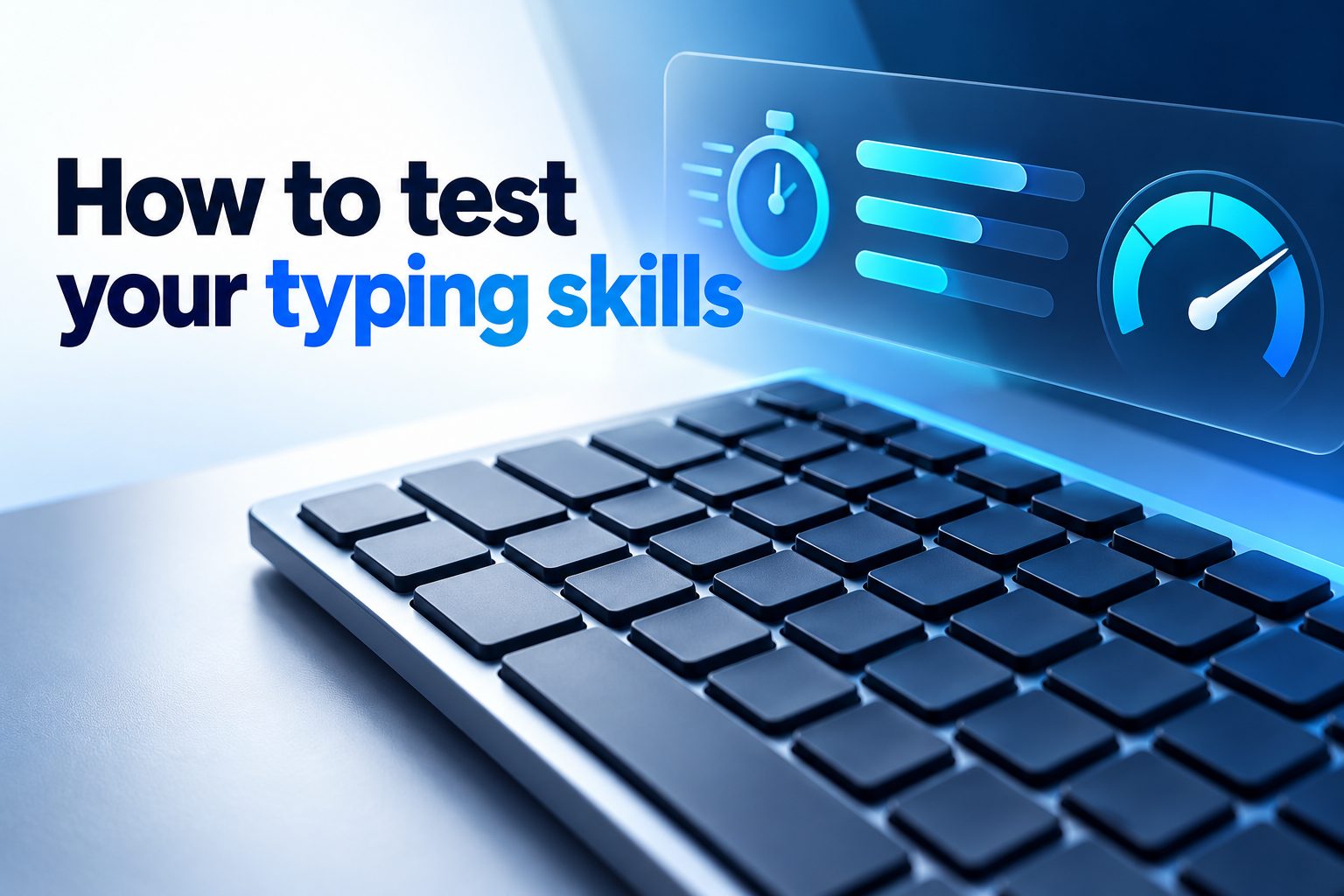 how-to-test-your-typing-skills-e2553 Hands typing on a laptop beside a screen displaying a typing speed test